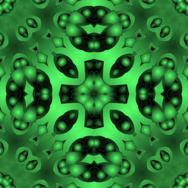 Dijital illüstrasyon, geometrik soyut renkli kaleydoskop simetrik desen ve gradyan etkisi. Klasik güzel dekoratif yeşil arkaplan