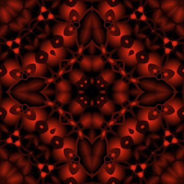Dijital illüstrasyon, geometrik soyut renkli kaleydoskop simetrik desen ve gradyan etkisi. Klasik güzel dekoratif kırmızı arkaplan