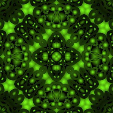 Dijital illüstrasyon, geometrik soyut renkli kaleydoskop simetrik desen ve gradyan etkisi. Klasik güzel dekoratif yeşil arkaplan