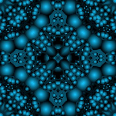 Dijital illüstrasyon, geometrik soyut renkli kaleydoskop simetrik desen ve gradyan etkisi. Klasik güzel dekoratif mavi arkaplan