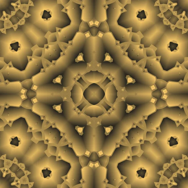 Dijital illüstrasyon, geometrik soyut renkli kaleydoskop simetrik desen ve gradyan etkisi. Klasik güzel dekoratif sarı arkaplan