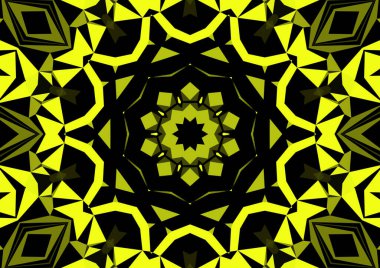 Geometrik soyut kaleydoskopik simetrik desenli klasik dekoratif sarı arkaplan