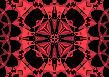 Geometrik soyut kaleydoskopik simetrik desenli klasik dekoratif kırmızı arkaplan