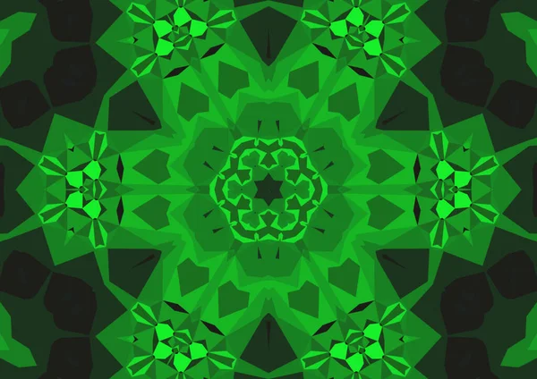 具有几何抽象万花筒对称图案的老式装饰绿色背景 — 图库照片
