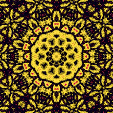 Dijital illüstrasyon, geometrik soyut desen ve üç boyutlu rahatlama efekti. Sarı, siyah ve kırmızı renkler