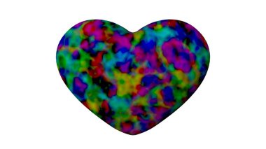 Beyaz arkaplanda çok renkli bulutlar bulunan üç boyutlu kalp çizimi