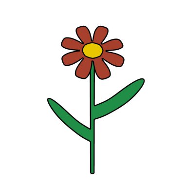 Sarı merkezli kırmızı çiçek ve beyaz arkaplanda yaprakları olan yeşil saplı resim