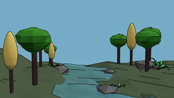 河畔树木低矮多形的3D图解 — 图库照片