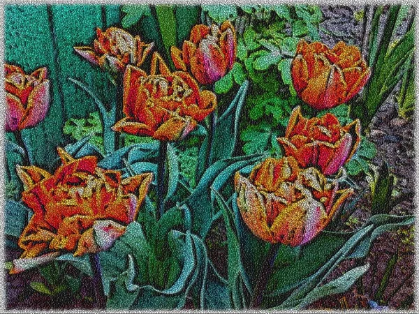 Иллюстрация Оранжевых Тюльпанов Зеленом Заборе Стиле Живописи Маслом Мозаичным Эффектом — стоковое фото