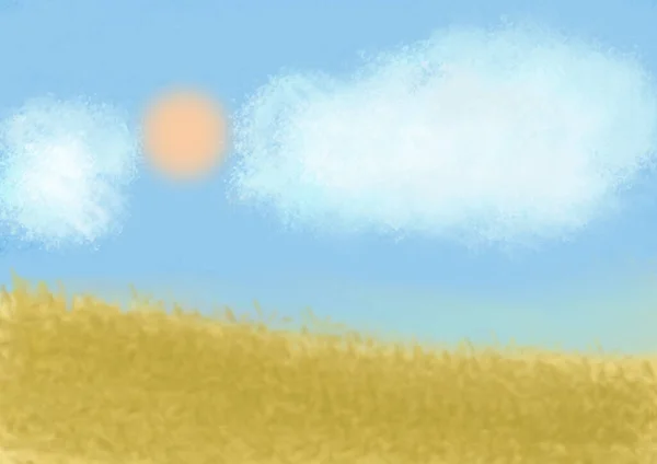 Ilustración Paisaje Con Sol Nubes Campo Trigo Estilo Pintura Óleo — Foto de Stock