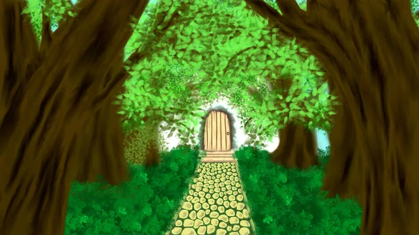 黄色の通路と緑の芝生と葉の茶色の木の風景のイラストは 光と灰色の煙に囲まれた明るい茶色の木製のドアにつながる 手は水彩画のスタイルで溺れる — ストック写真