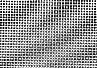 Üzerinde noktalar ve daireler olan beyaz ve siyah baskı tarzında soyut noktalı yarım ton arkaplan, kartvizit, poster, reklam için tek renkli arkaplan