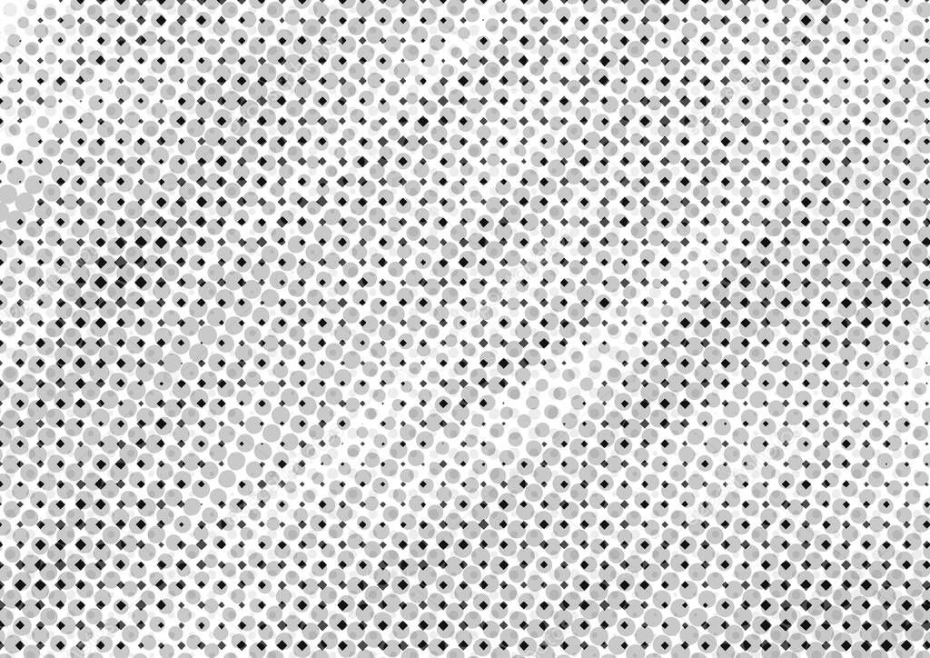 Abstract halftone backdrop in white and black tones in newsprint printing style with dots and rhombuses, monochrome background for business card, poster, advertising