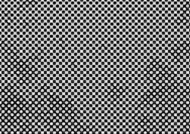 Üzerinde noktalar ve daireler olan beyaz ve siyah baskı tarzında soyut noktalı yarım ton arkaplan, kartvizit, poster, reklam için tek renkli arkaplan