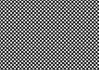 Üzerinde noktalar ve daireler olan beyaz ve siyah baskı tarzında soyut noktalı yarım ton arkaplan, kartvizit, poster, reklam için tek renkli arkaplan
