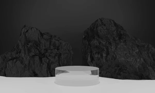 Escena Con Podio Vidrio Para Presentación Simulada Color Negro Oscuro — Foto de Stock