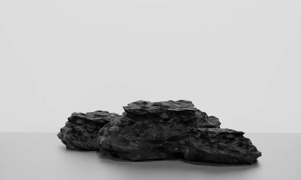 Siyah kömür taşlarıyla sunumu taklit etmek için kopya alanı olan minimalist biçimdeki kaideyi, 3d soyut arkaplan tasarımını görüntüle