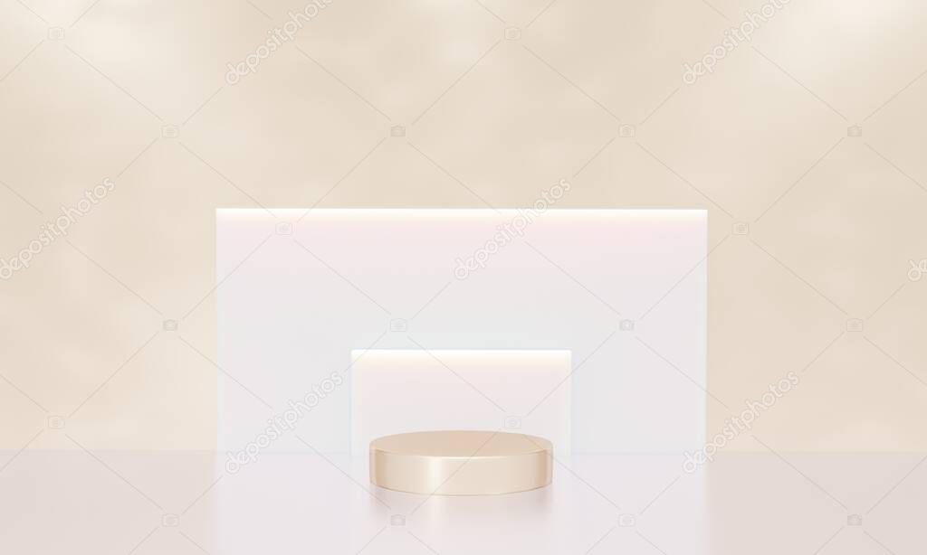 Scene with podium for mock up presentation in white and golden color and minimalist style with copy space, 3d render abstract background design