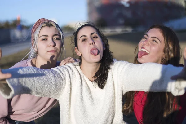 Retrato Aire Libre Tres Amigos Chicas Divertidas Tomando Fotos Con — Foto de Stock