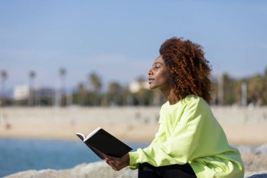 Genç kıvırcık Afro kadının yan görünümü bir Breakwater oturan bir kitap tutarak gülümseyen ve uzak açık havada bakıyor