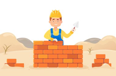A man builder with a trowel in his hand builds a brick wall. Against the backdrop of snowdrifts and the formation of material. Housing construction. Flat composition, isolated on white background vector