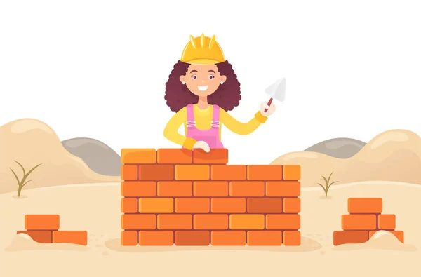 Una Donna Costruttore Con Una Cazzuola Mano Costruisce Muro Mattoni — Vettoriale Stock
