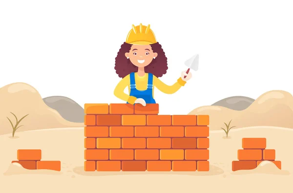 Kvinna Builder Med Murslev Hennes Hand Bygger Tegelvägg Mot Bakgrund — Stock vektor