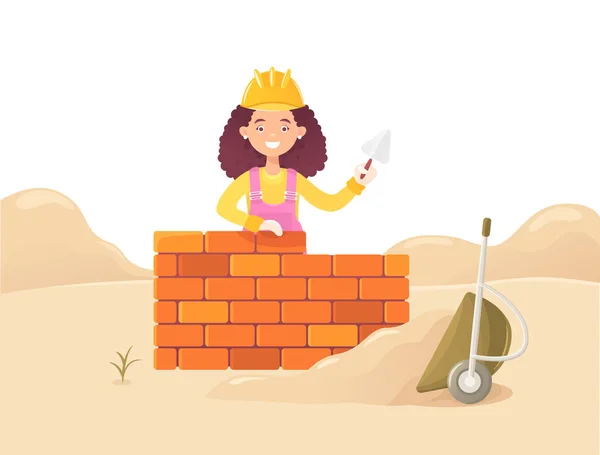 她手里拿着铲子的女人建造了一堵砖墙 在沙子和倒手推车的漂移的背景下 住房建设 平的构成 被隔绝在白色背景 — 图库矢量图片