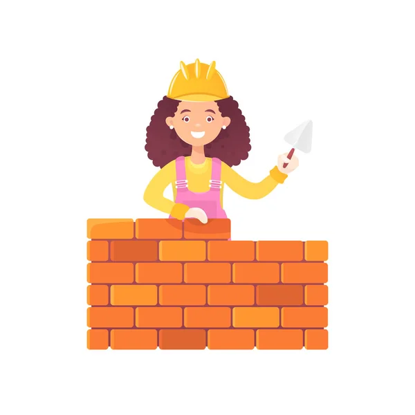 她手里拿着铲子的女建设者在粉红色的制服上建了一堵砖墙 扁平成分 在白色背景下隔离 女性劳动 — 图库矢量图片