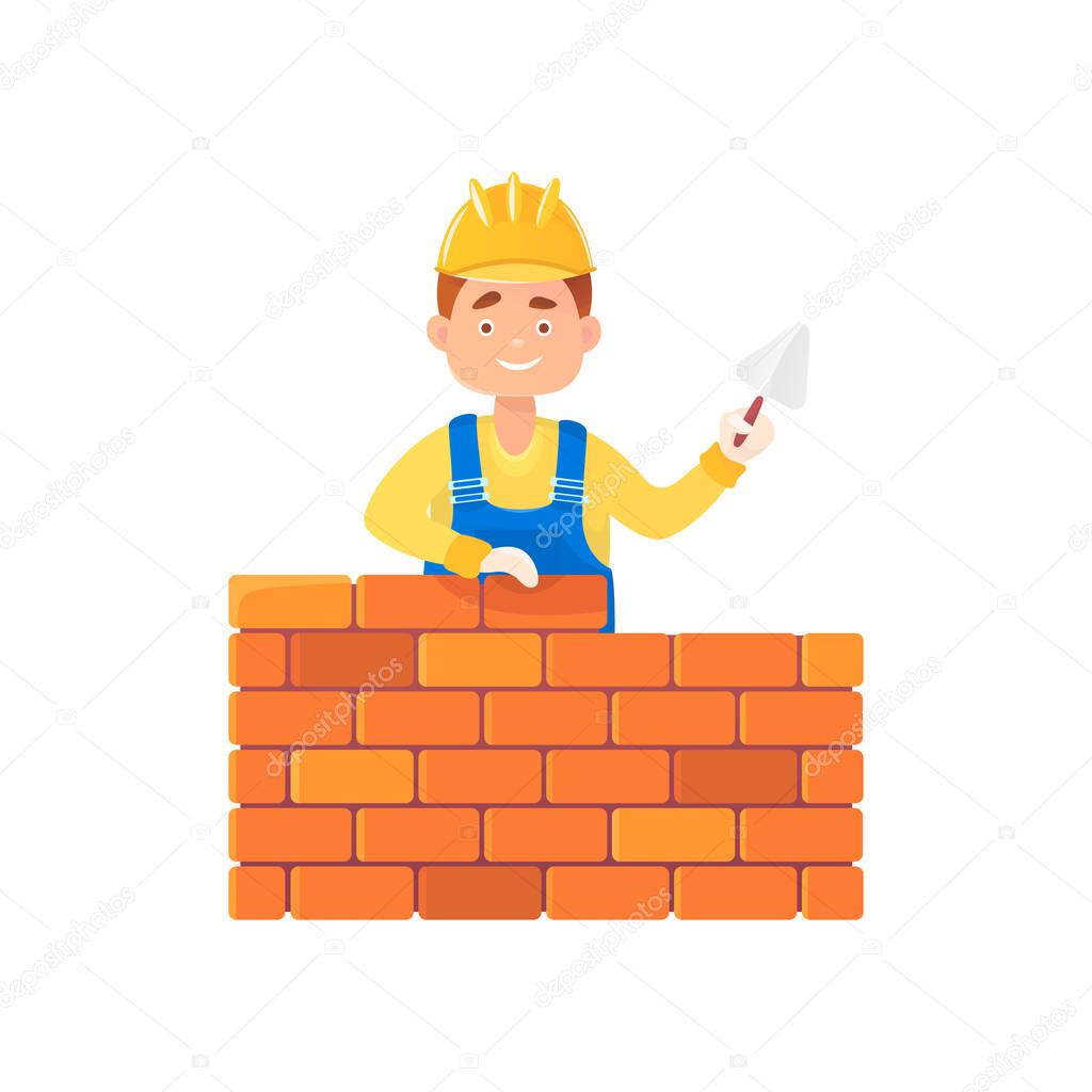 A man builder with a trowel in his hand builds a brick wall. Flat composition, isolated on white background