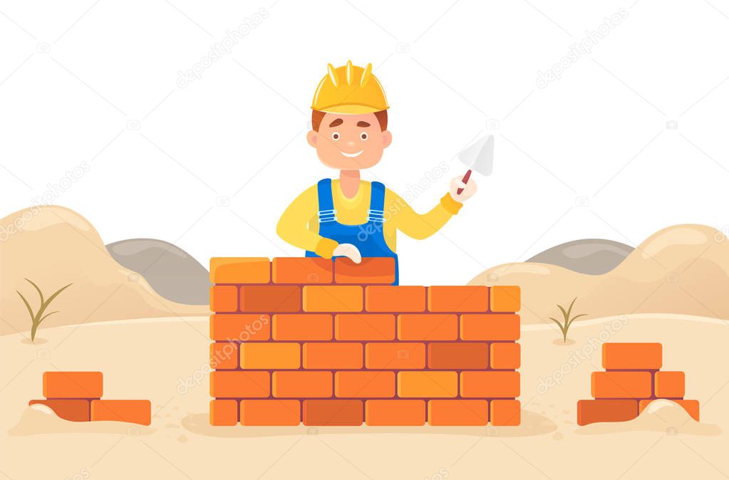 A man builder with a trowel in his hand builds a brick wall. Against the backdrop of snowdrifts and the formation of material. Housing construction. Flat composition, isolated on white background