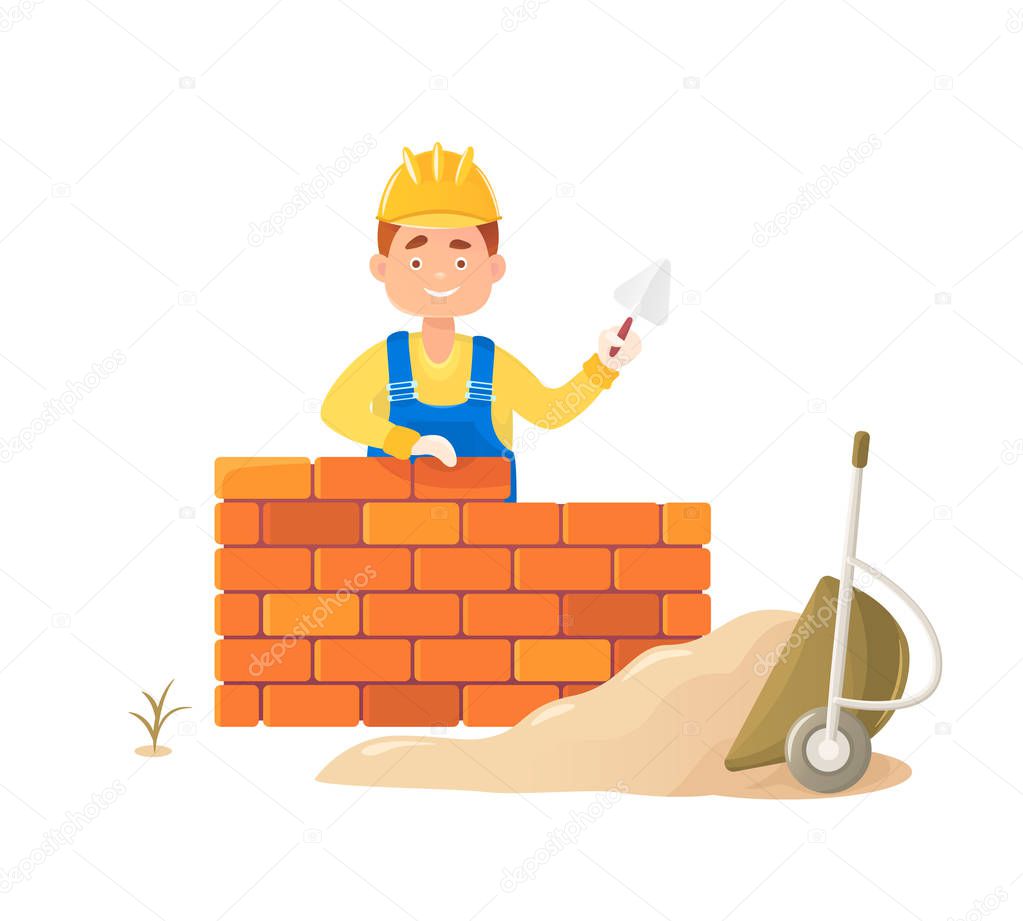 A man builder with a trowel in his hand builds a brick wall. Against a wheelbarrow with scattered sand. Flat composition, isolated on white background