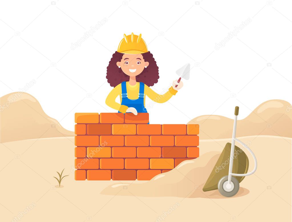 A woman builder with a trowel in her hand builds a brick wall. Against the backdrop of a drift of sand and an inverted wheelbarrow. Housing construction. Flat composition, isolated on white background