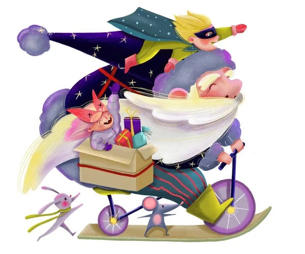 Dağları kar bisikletle mavi elbiseli büyük ve neşeli Noel hediyeleri ona onun küçük ve komik yardımcıları için acele.