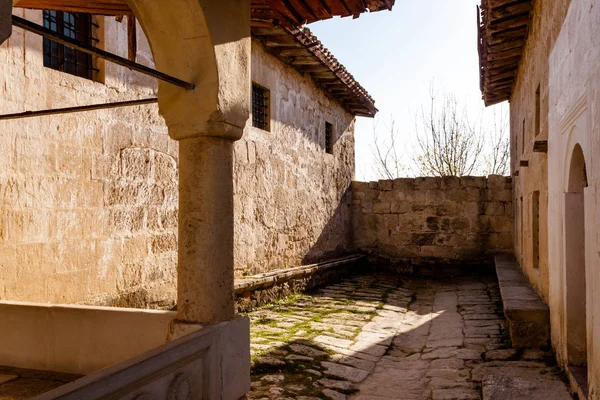 Old stone houses of Medieval cave city-fortress Chufut-Kale in the mountains, Bakhchisaray, Crimea