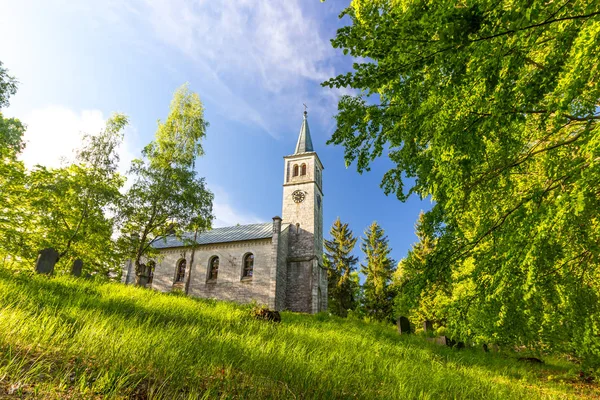 古いキリスト教の教会と木や草の墓地 — ストック写真