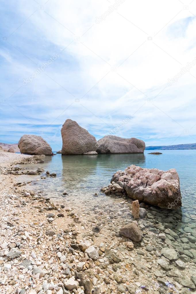 Famous three stones on the Beritnica beach on Pag island in Croatia, Europe