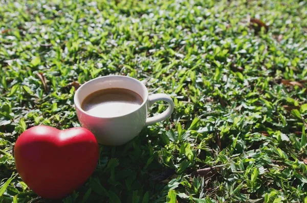 Witte Kop Hete Koffie Het Gras Met Rode Hart Bal — Stockfoto