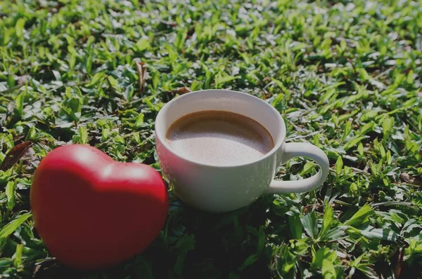 Witte Kop Hete Koffie Het Gras Met Rode Hart Bal — Stockfoto