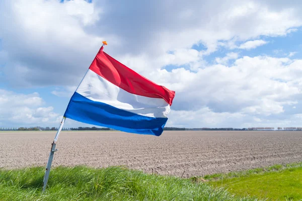 在典型的平坦农业景观中挥舞着荷兰国旗 — 图库照片