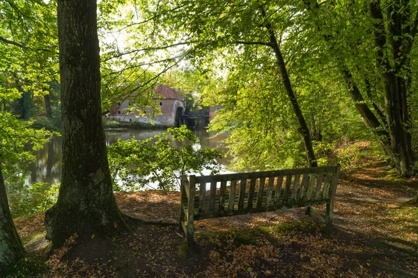 Empty Bench Pond Water Mill — Stock Photo, Image