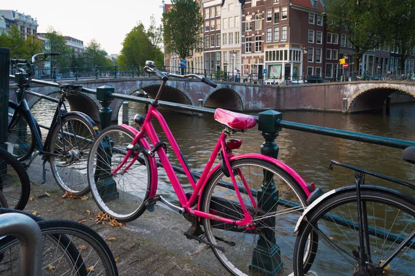 Výraznými Růžové Jízdních Kol Zaparkovaných Podél Typické Amsterdam Canal — Stock fotografie