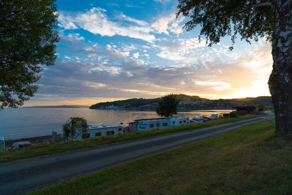 Norwegian camping site at sunset — Stock Photo, Image