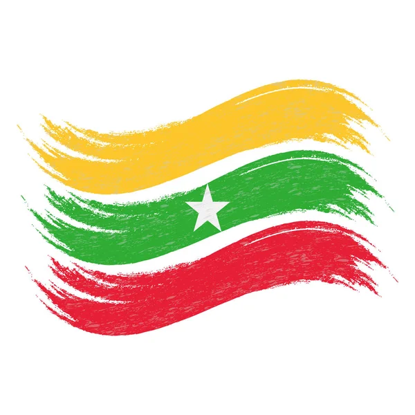 Grunge penseelstreek met nationale vlag van Myanmar geïsoleerd op een witte achtergrond. Vectorillustratie. — Stockvector