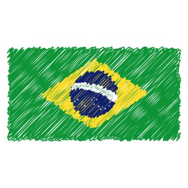 Elle çizilmiş ulusal bayrak beyaz bir arka plan üzerinde izole Brasil. Vektör kroki tarzı çizim.