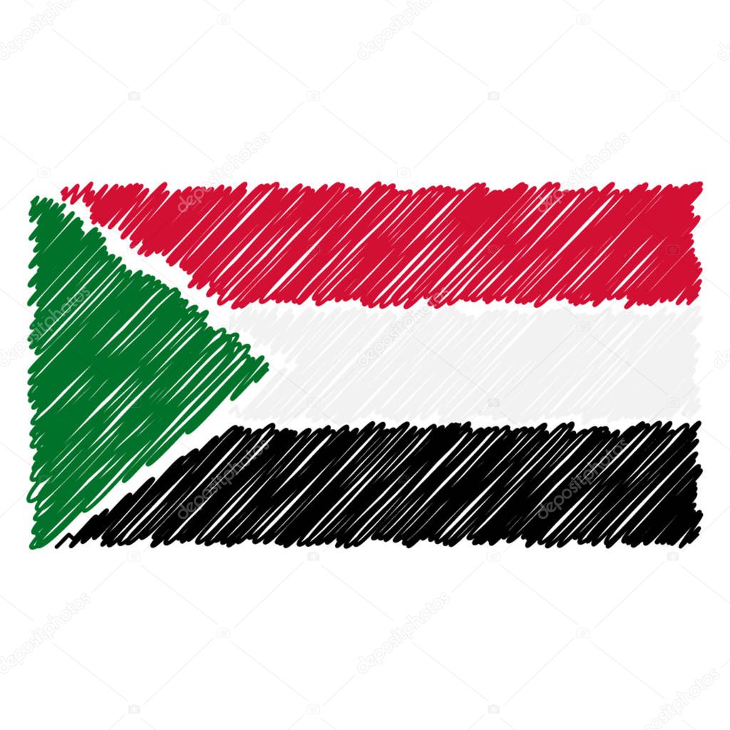 Hand Drawn National Flag Of Sudan Isolated On A White Background. Vector Sketch Style Illustration.