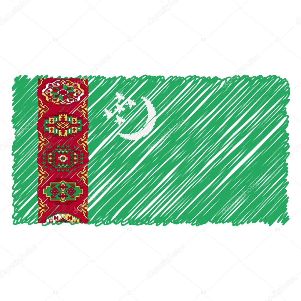 Hand Drawn National Flag Of Turkmenistan Isolated On A White Background. Vector Sketch Style Illustration.