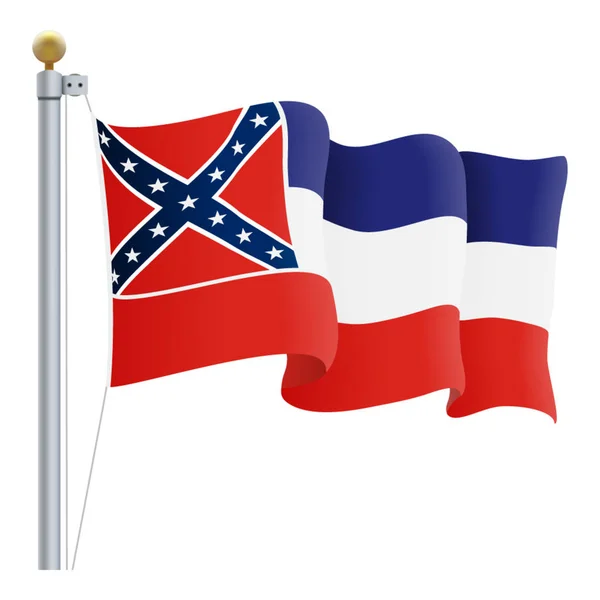 Ondeando la bandera de Mississippi aislada sobre un fondo blanco. Ilustración vectorial . — Vector de stock