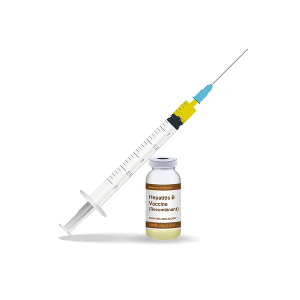 Inmunización, jeringa de la vacuna de la hepatitis con la vacuna amarilla, frasco de la medicina aislado en un fondo blanco. Ilustración vectorial . — Vector de stock