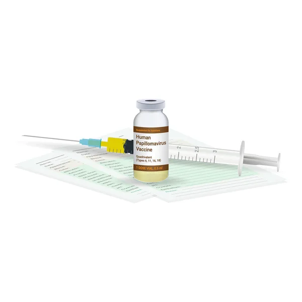 Bağışıklama, Hpv aşısı tıbbi Test, şişe ve şırınga bir kadeh beyaz bir arka plan üzerinde izole aşı enjeksiyon için hazır. Vektör çizim.